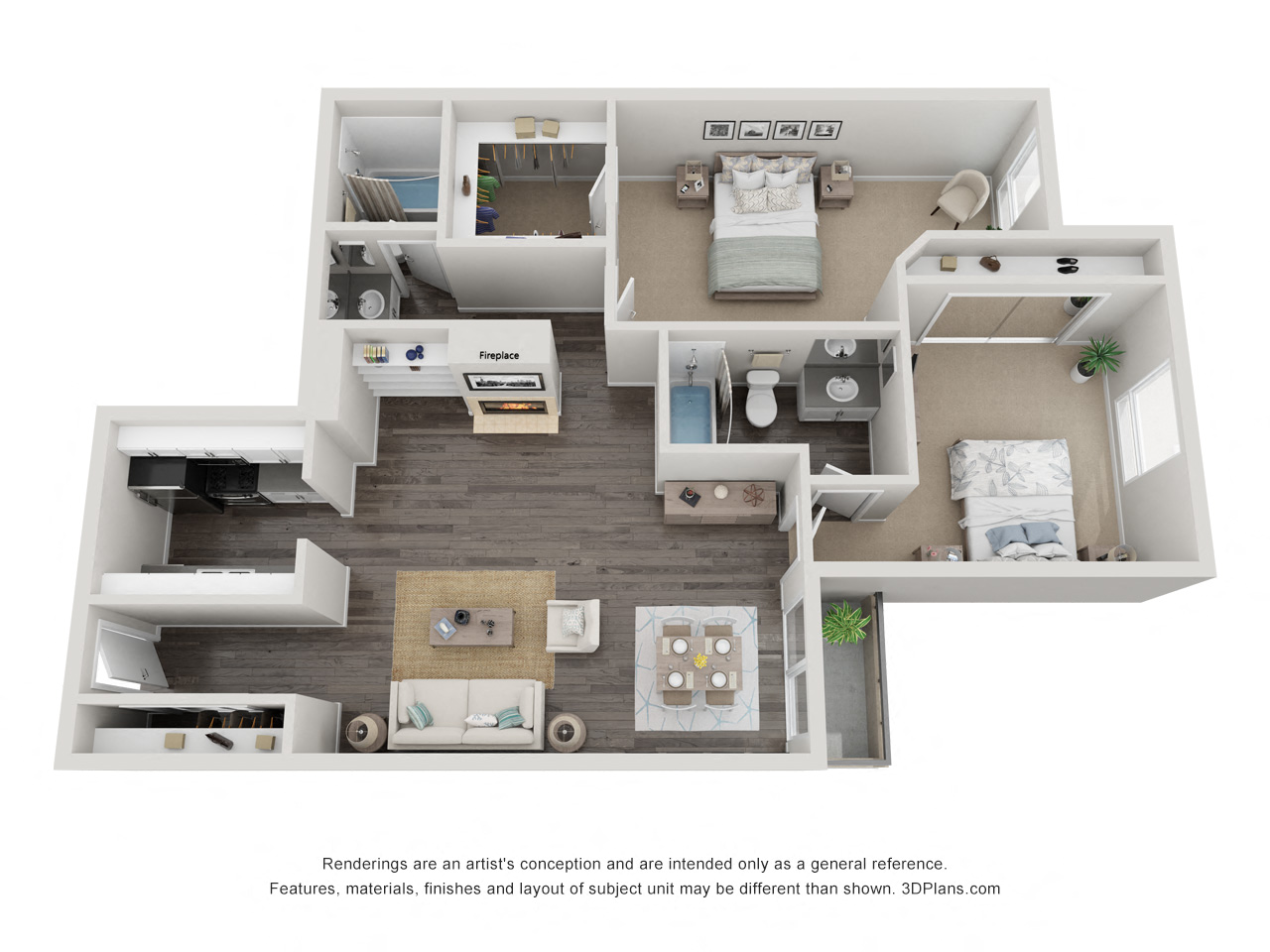 Floor plan for 2 beds, 2 baths, 1158 sqft